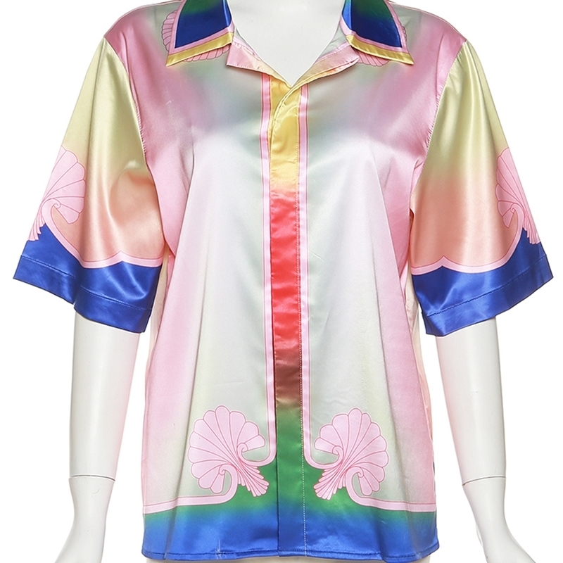 Women's Colorful Summer Print T-Shirt: Lapel Long Sleeve Loose Casual Tee For Party And Travel ()