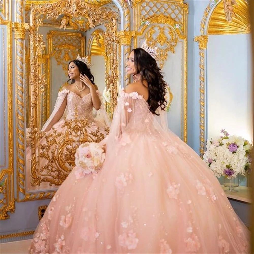 Pink Ball Gowns Quinceanera Dresses Flowers Lace Sweetheart Off The Shoulder Sweet 15 Girls Princess Prom Dress Vestidos De Bc14543