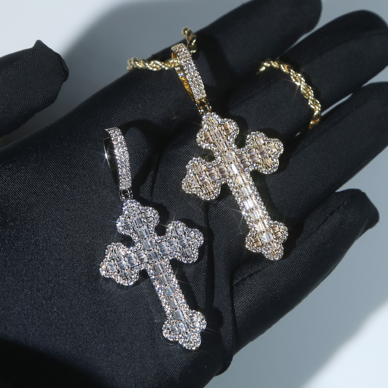New Men Women Hip Hop Cross Pendant Necklace Full Paved Rectangle Cubic Zircon Rope Chain Iced Out Bling CZ Jewelry