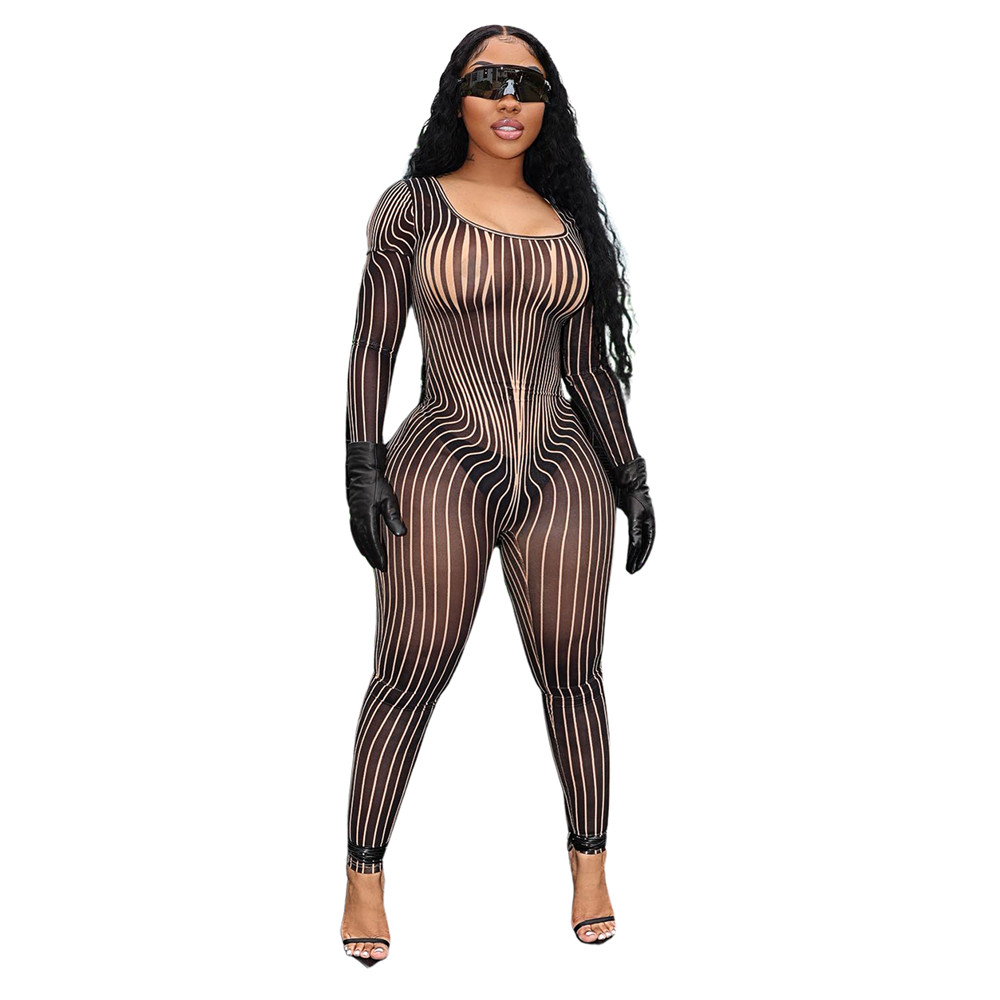 Designer Mesh Jumpsuits Women Bodycon Rompers Sexy See Through Long Sleeve Jumpsuits One Piece Outfits Spring Summer Clothes Night Club Wear Wholesale