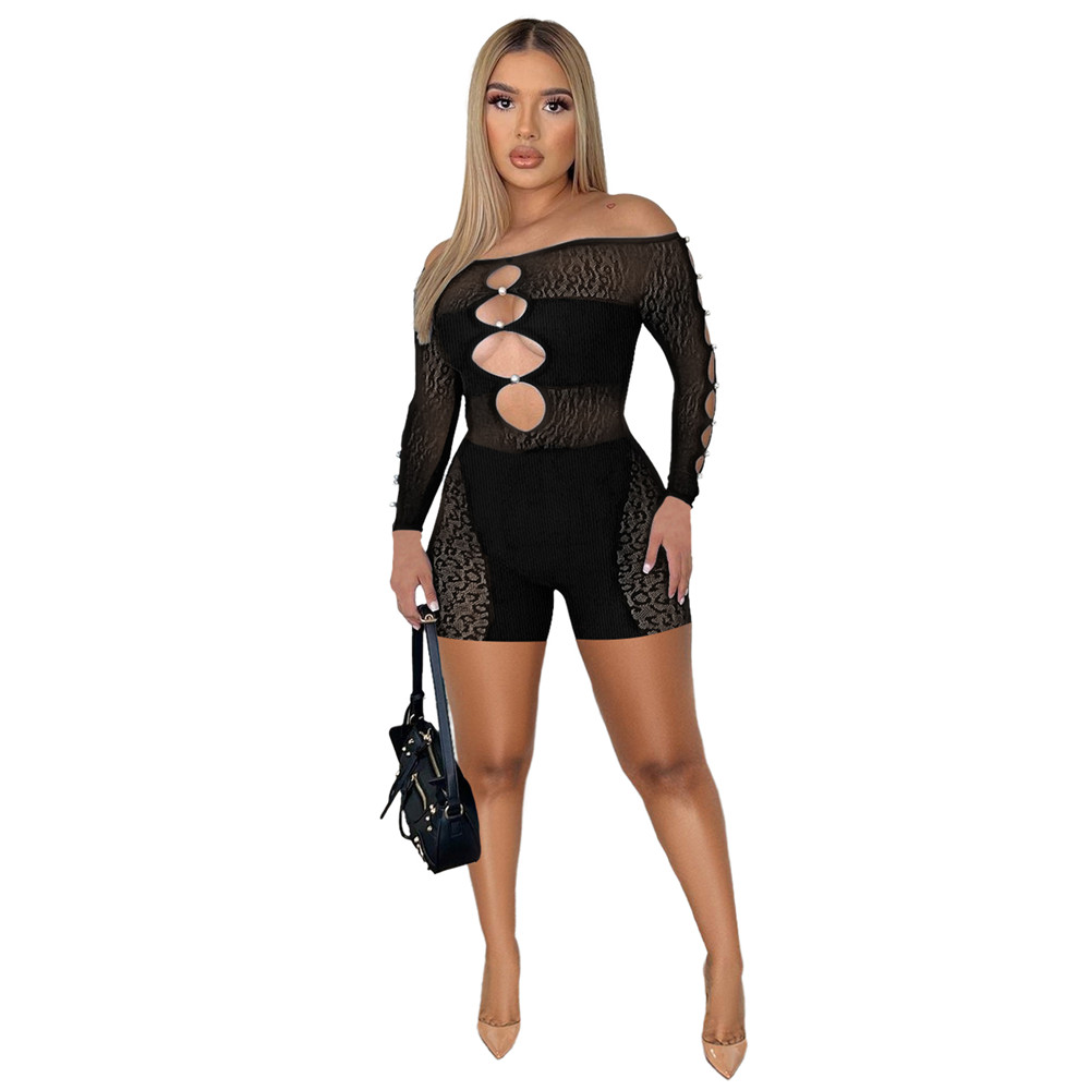 2023 Designer Hollow Out Rompers Spring Summer Clothes Women Long Sleeve Bodycon Jumpsuits One Piece Outfits Sexy Mesh Skinny Playsuits Club Wear Whol