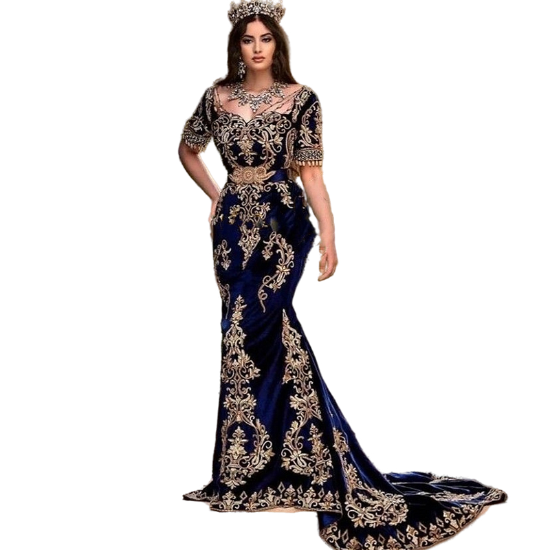Vintage Arabic Kaftan Mermaid Evening Dresses Short Sleeves Gold Lace Appliques Beaded Long Navy Blue Velvet Celebrity Party Gowns Women Elegant Prom 