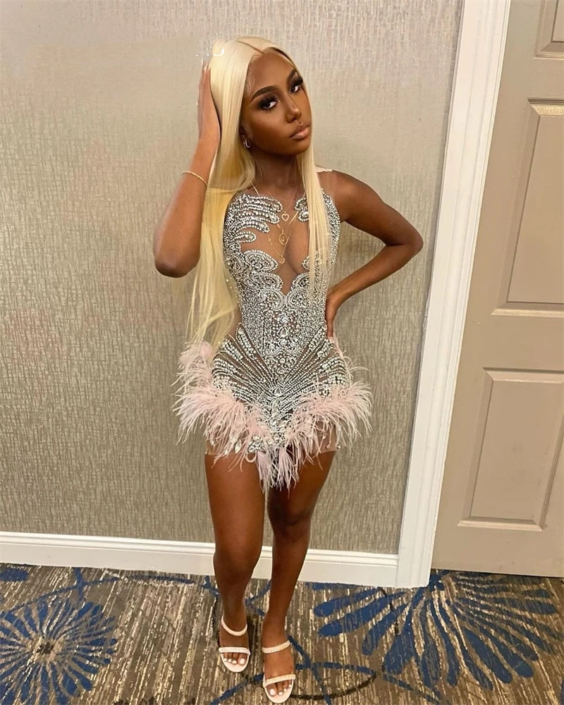 Sparkly Sheer O Neck Short Prom Dress 2023 Beaded Crystal Birthday Party Gowns Feather Mini tail Homecoming Robe De Bal