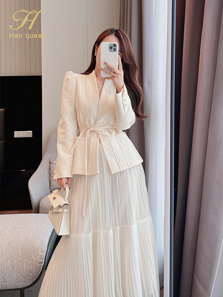 Two Piece Dress H Han Queen Autumn Skirt Suit Women Elegant Korean LaceUp Fashion Blazer Long Mesh Casual Evening Party 2Piece Set 230209