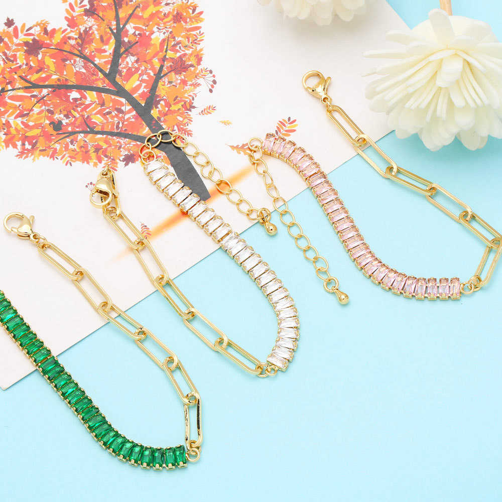 Link Chain Gold Plated Link Color Cubic Zirconia Half Tennis Half Paperclip Bracelet for Women Jewelry Gift for Her Layering Bracelet G230208