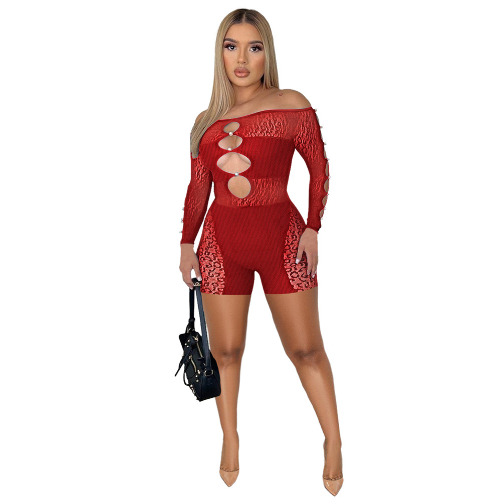 2023 Designer Hollow Out Rompers Spring Summer Clothes Women Long Sleeve Bodycon Jumpsuits One Piece Outfits Sexy Mesh Skinny Playsuits Club Wear Whol