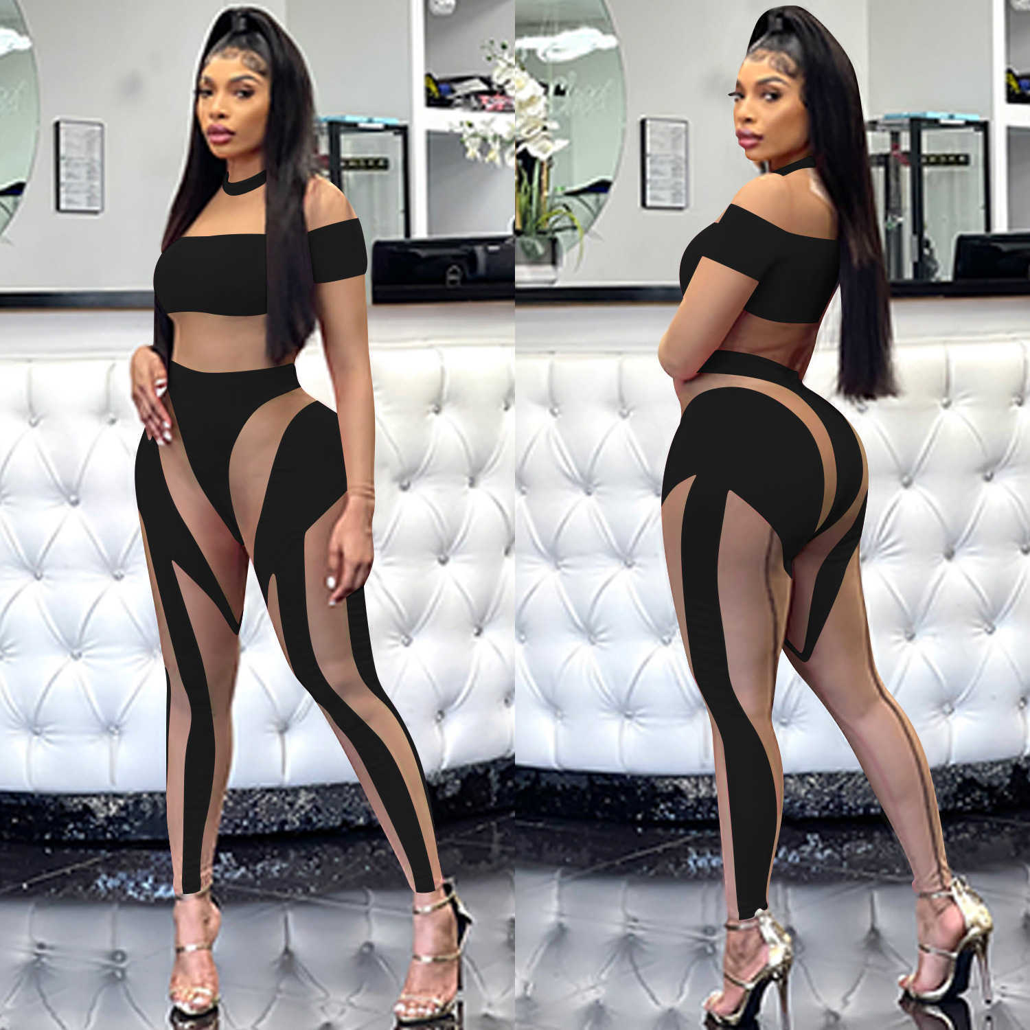 2023 women fashion sexy nightclub tight mesh perspective long sleeved trousers Jumpsuit women's wear jumpsuits for amp rompers