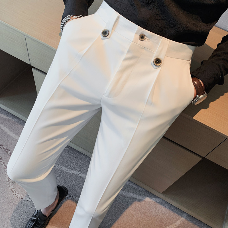 Mens Pants British Style Autumn Solid High Quality Dress Men Slim Fit Casual Office Trousers Formal Social Wedding Party Suit 230209