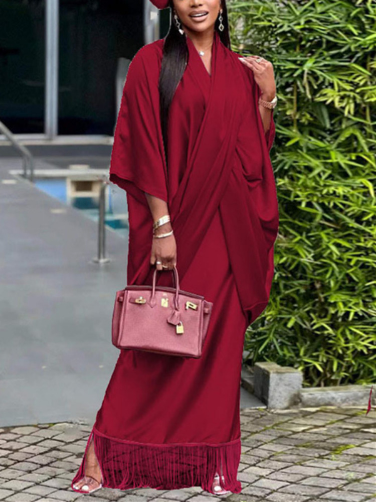 Two Piece Dress Muslim Islamic Abaya for Women 2 Set Loose Crossed Tops and Tassel Hem Sling Inner Suit Party Evening Outfits 230208