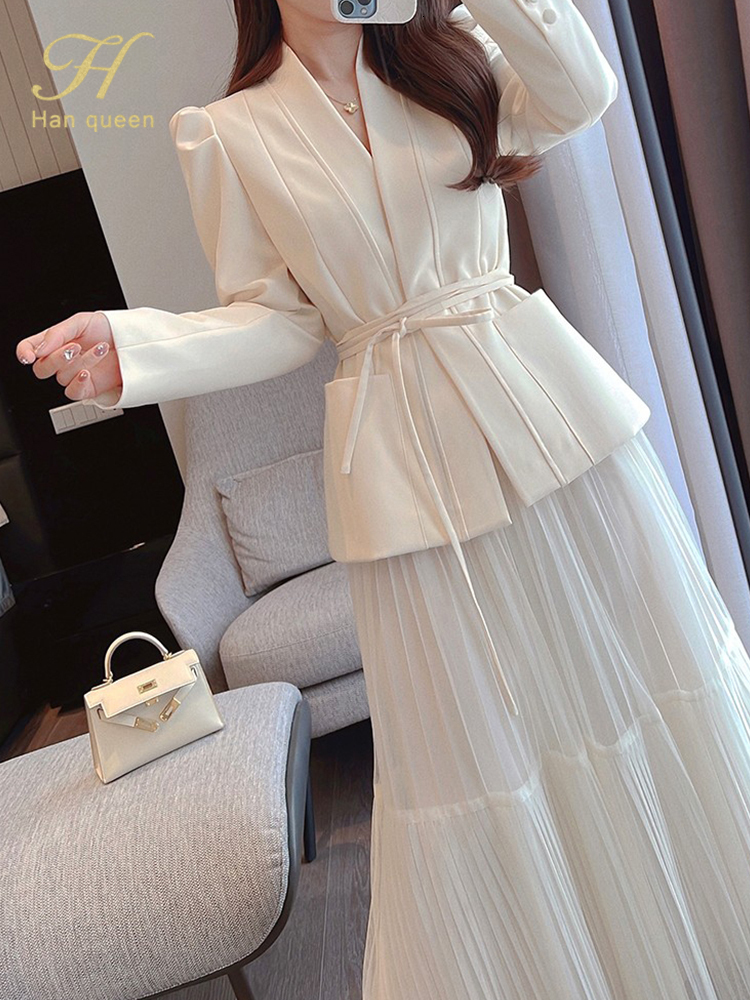 Two Piece Dress H Han Queen Autumn Skirt Suit Women Elegant Korean LaceUp Fashion Blazer Long Mesh Casual Evening Party 2Piece Set 230209