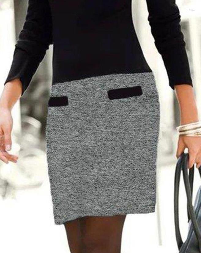 Casual Dresses Dressed For Women 2024 Elegant Work Office Lady Colorblock Long Sleeve V-Neck Mini Dress