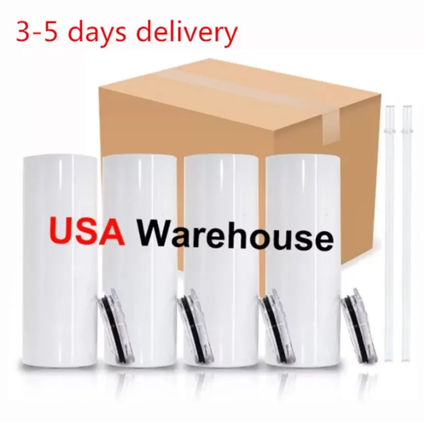 

US Warehouse Sublimation Mugs 20 Oz Tumblers Stainless Steel Straight Blank Mugs white Tumbler with Lid and Straw for Heat Transfer DIY Gift Coffee Mug Bottlle