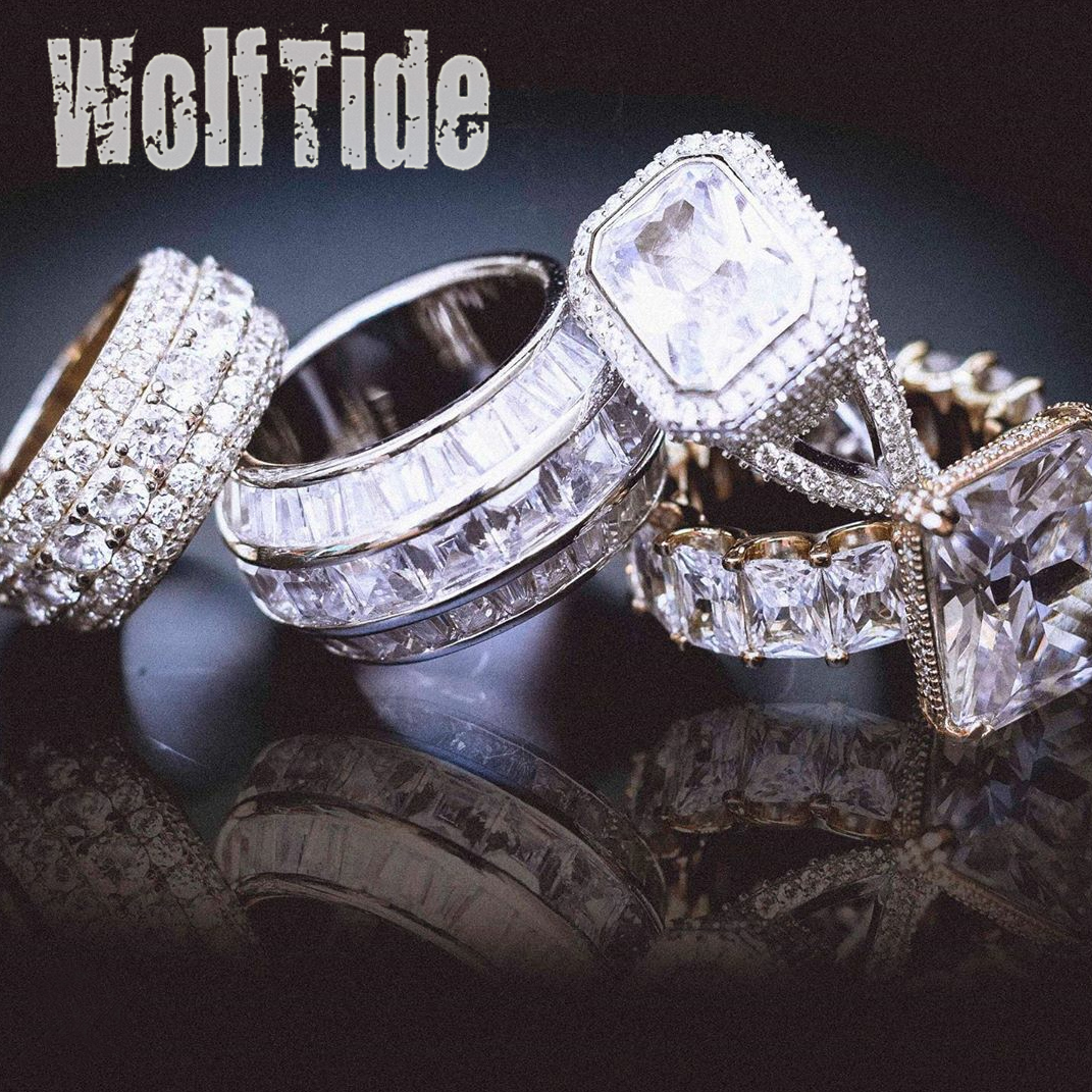Iced Out Tennis Square Rings with Gift Box for Men Women Lovers Real Gold Plated Pentagram Star Hip Hop Bling CZ Stone Cubic Zirconia Designer Finger 