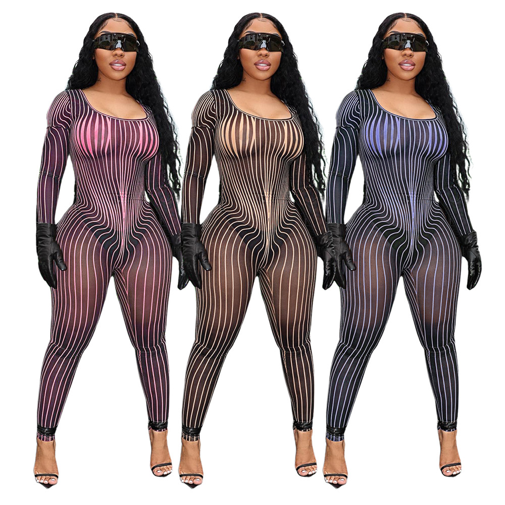 Designer Mesh Jumpsuits Women Bodycon Rompers Sexy See Through Long Sleeve Jumpsuits One Piece Outfits Spring Summer Clothes Night Club Wear Wholesale