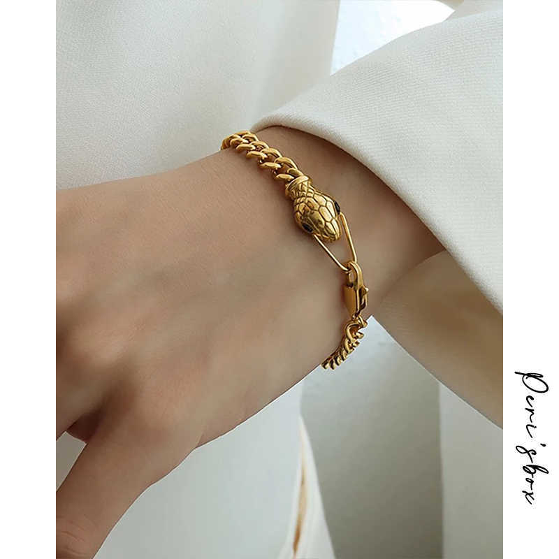Link Chain Peri'sBox Gold Color Green Eyes Snake Head Chain Bracelet For Women Punk Hip Hop Chunky Chain Bracelet Titanium Steel Jewelry G230208