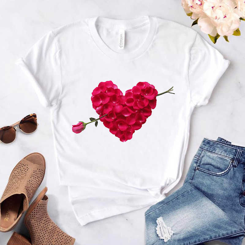 Women's T-Shirt Heart Flower Print Womens Ladies Casual Basis O-Collar White Shirt Short Sleeve Love Graphic Printing Y2302