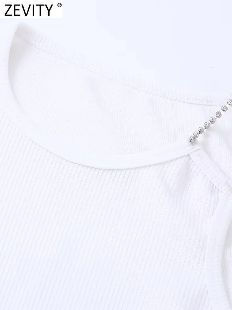 Women's Blouses Shirts Zevity Women Fashion Single Shoulder Hem Diamond Tassel Knitting Short Smock Blouse Female Slim Blusas Chic Crop Tops LS20