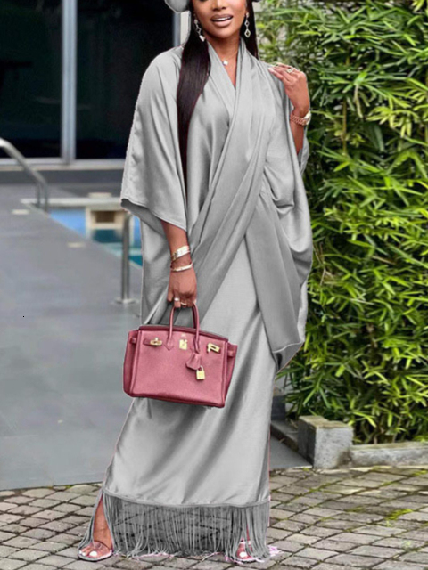 Two Piece Dress Muslim Islamic Abaya for Women 2 Set Loose Crossed Tops and Tassel Hem Sling Inner Suit Party Evening Outfits 230208