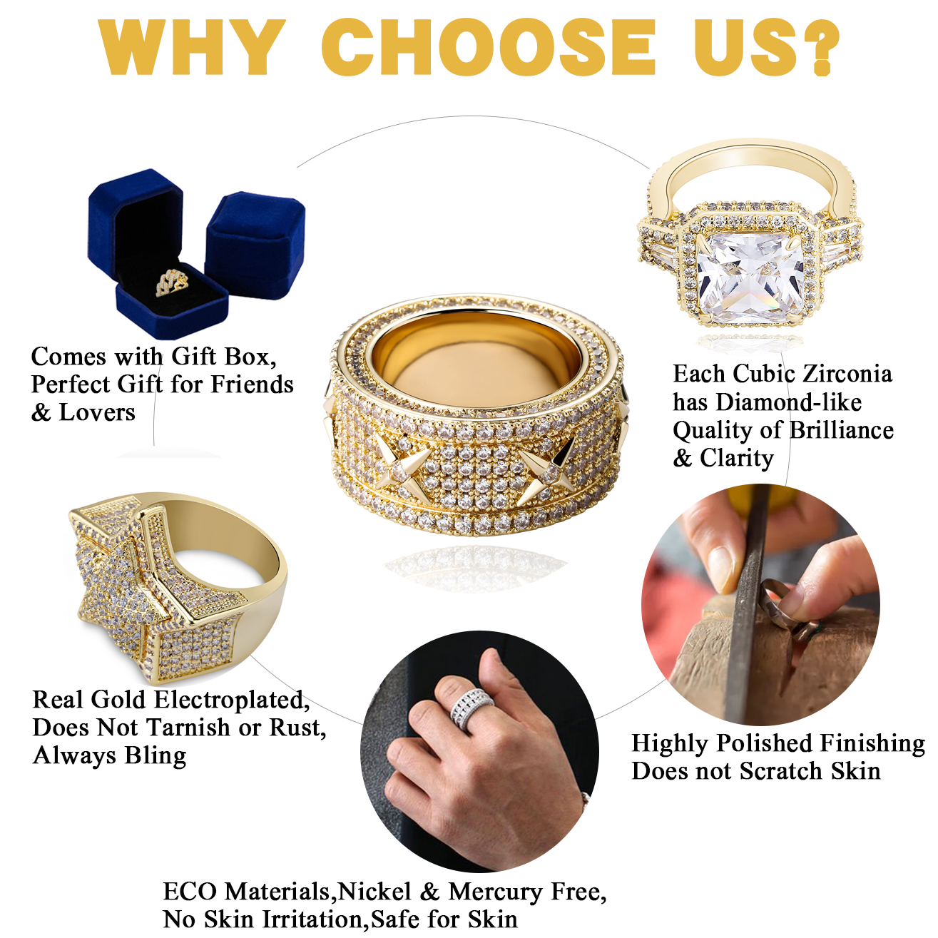 Iced Out Tennis Square Rings with Gift Box for Men Women Lovers Real Gold Plated Pentagram Star Hip Hop Bling CZ Stone Cubic Zirconia Designer Finger 