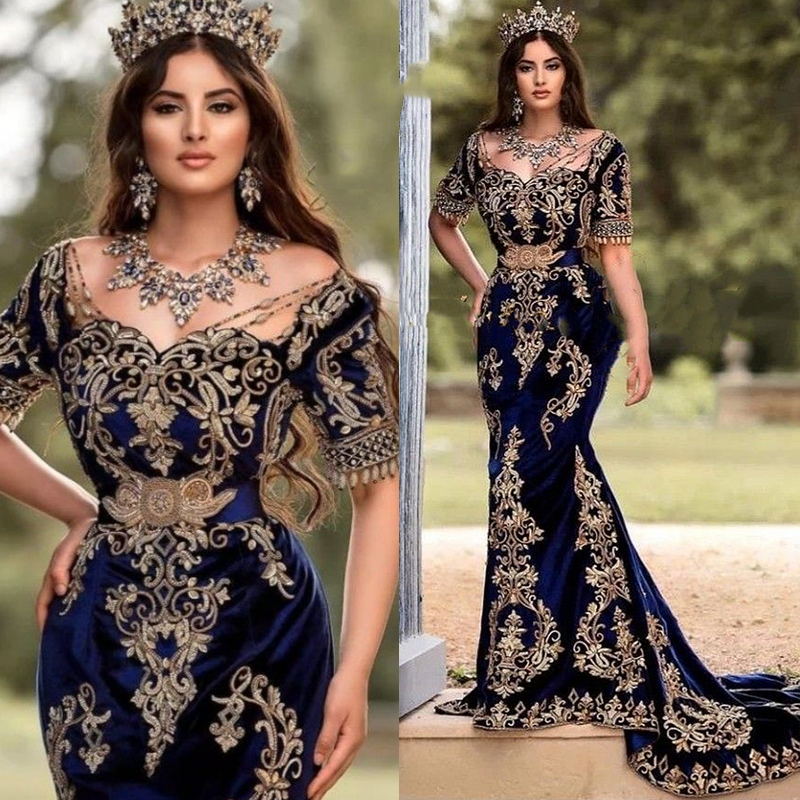 Vintage Arabic Kaftan Mermaid Evening Dresses Short Sleeves Gold Lace Appliques Beaded Long Navy Blue Velvet Celebrity Party Gowns Women Elegant Prom 