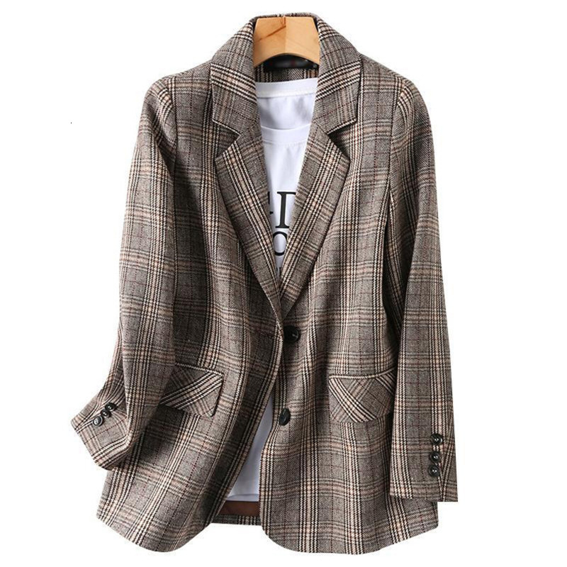 Womens Suits Blazers PEONFLY Vintage Single Breasted Office Ladies Plaid Blazer Long Sleeve Loose Coat Jacket Women Female 230209