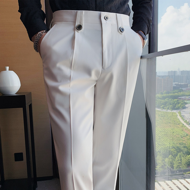 Mens Pants British Style Autumn Solid High Quality Dress Men Slim Fit Casual Office Trousers Formal Social Wedding Party Suit 230209