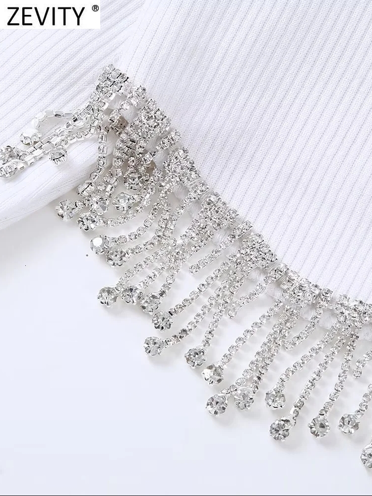 Women's Blouses Shirts Zevity Women Fashion Single Shoulder Hem Diamond Tassel Knitting Short Smock Blouse Female Slim Blusas Chic Crop Tops LS20