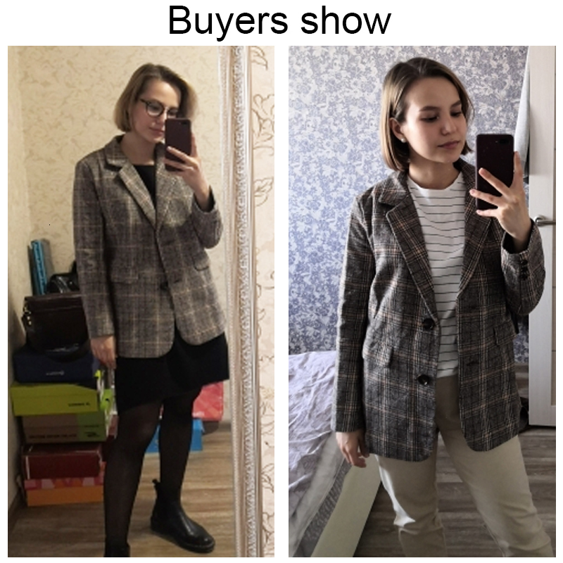 Womens Suits Blazers PEONFLY Vintage Single Breasted Office Ladies Plaid Blazer Long Sleeve Loose Coat Jacket Women Female 230209