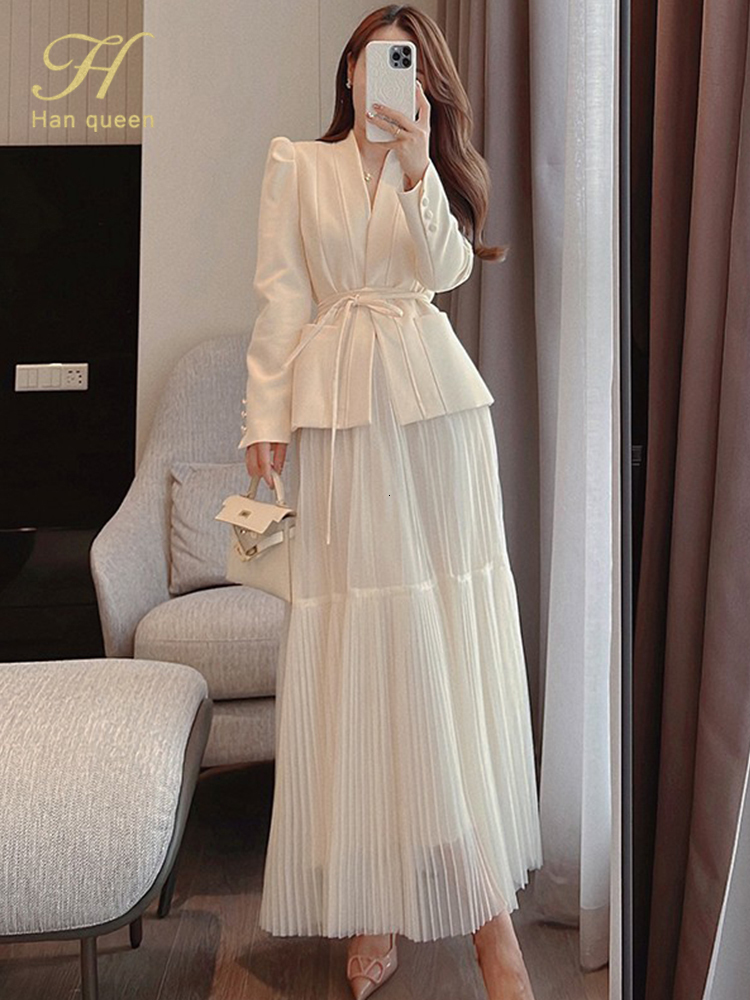 Two Piece Dress H Han Queen Autumn Skirt Suit Women Elegant Korean LaceUp Fashion Blazer Long Mesh Casual Evening Party 2Piece Set 230209