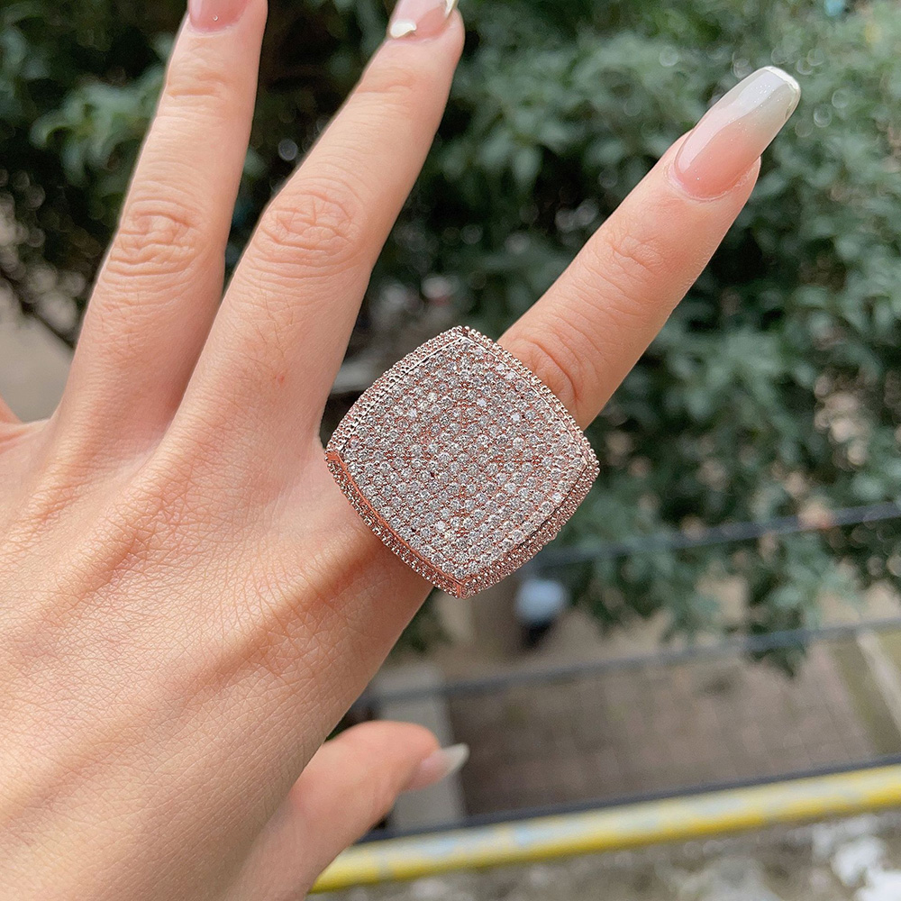 Hip Hop Full 5A Zircon Square Ring Copper 18K Real Gold Plated Thumb Finger Ring