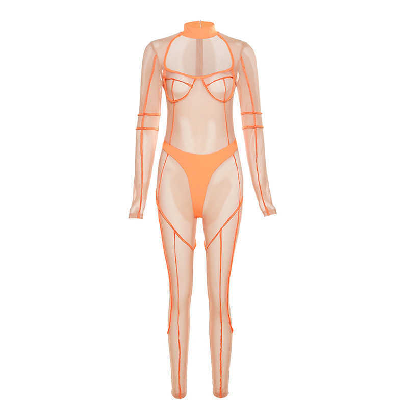 Women 2023 jumpsuits amp rompers Summer New Women's Fashion Mesh Splice Hollow Round Neck High Waist Tight Jumpsuit