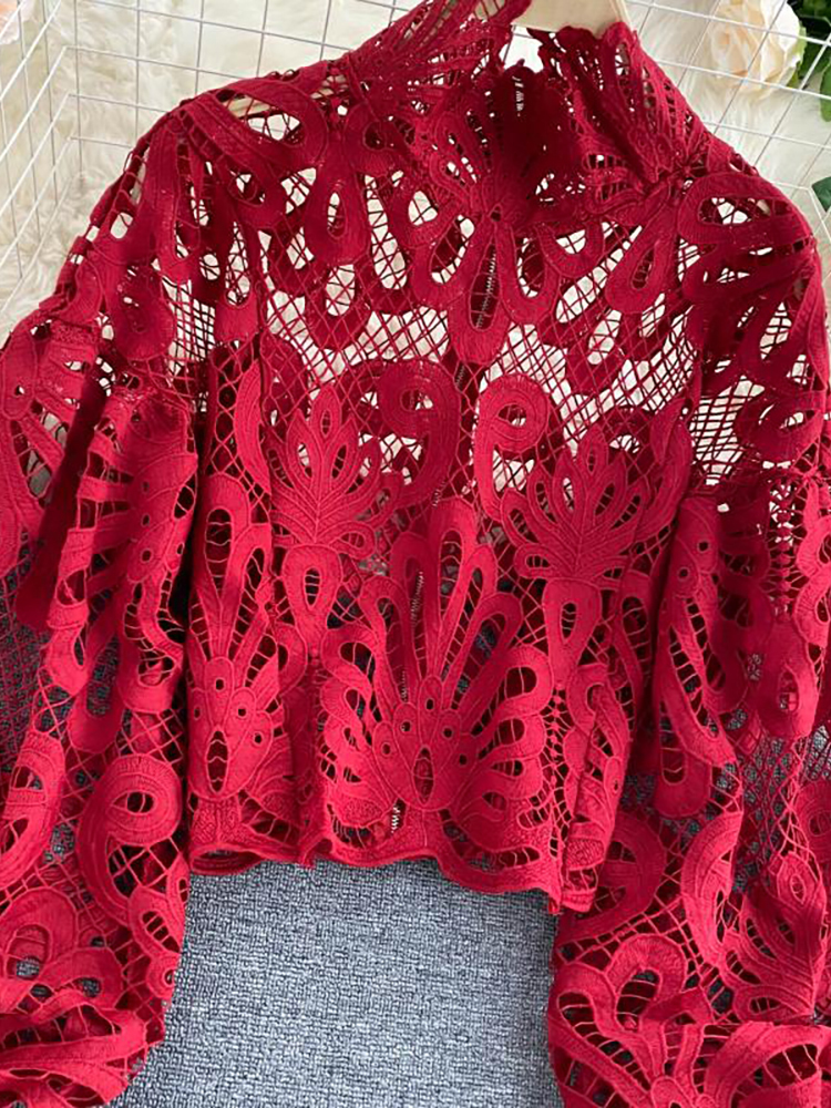 Women's Blouses Shirts Sexy Lace Hollow Out Short Blouse Casual Lantern Long Sleeve Stand Collar Shirts Female Elegant Red/Pink/White Loose Tops 