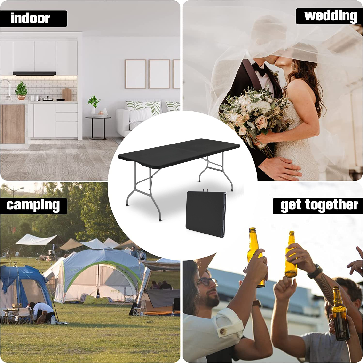 Vebreda 6ft Folding Table Portable Plastic Tables for Party Picnic Camping Black