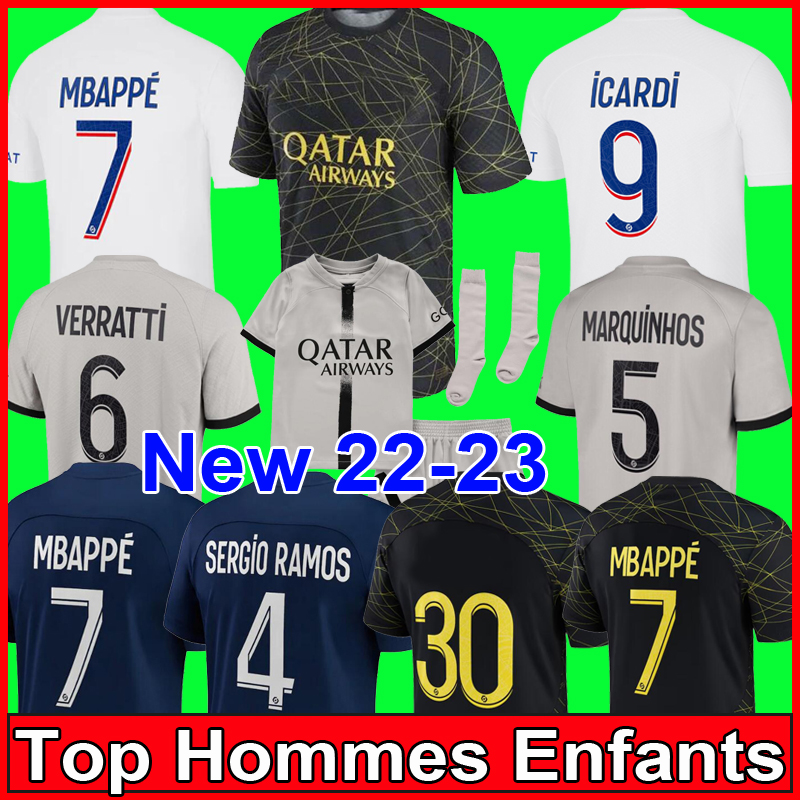 2022 2023 soccer jerseys 4TH MBAPPE 7 HAKIMI SERGIO RAMOS WIJNALDUM 22 23 PSGs Maillots football shirt men kids kit set with socks uniform enfants maillot de foot, Kids home+socks