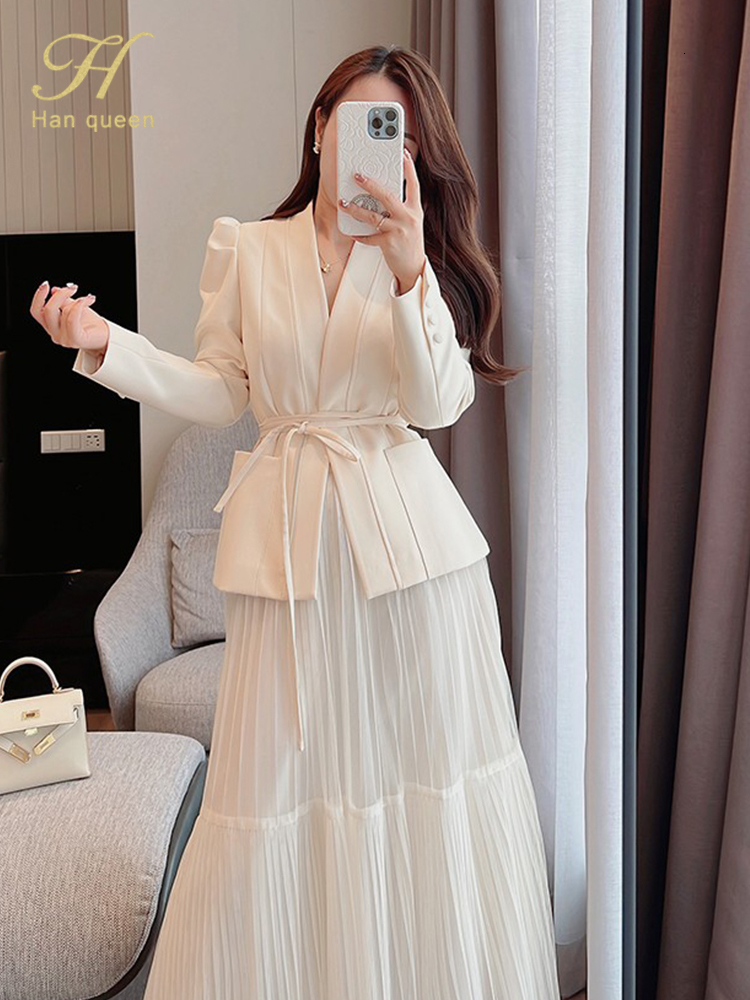 Two Piece Dress H Han Queen Autumn Skirt Suit Women Elegant Korean LaceUp Fashion Blazer Long Mesh Casual Evening Party 2Piece Set 230209