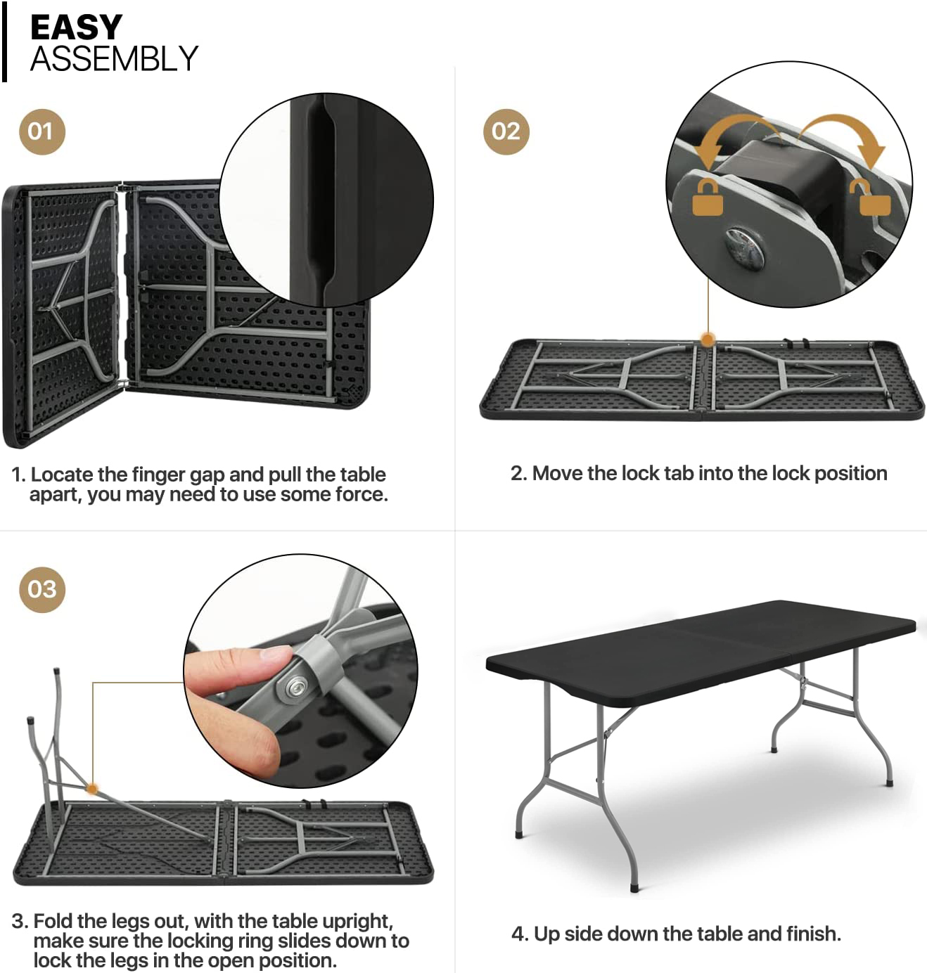 Vebreda 6ft Folding Table Portable Plastic Tables for Party Picnic Camping Black