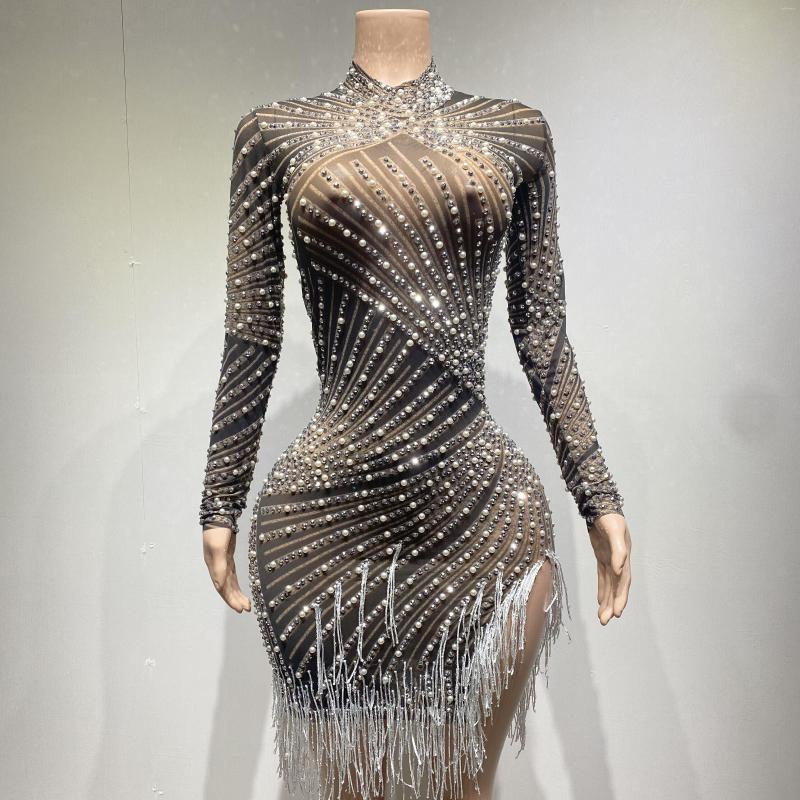 casual dresses red black rhinestones pearls fringe high neck mesh bodycon dress bar birthday celebrate women dance outfit