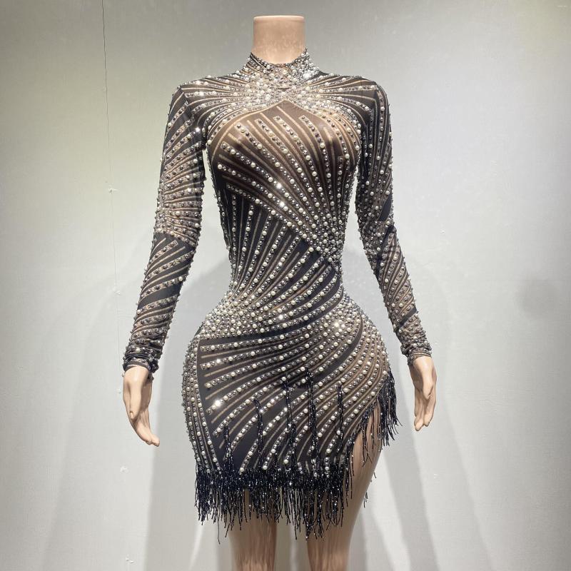 casual dresses red black rhinestones pearls fringe high neck mesh bodycon dress bar birthday celebrate women dance outfit