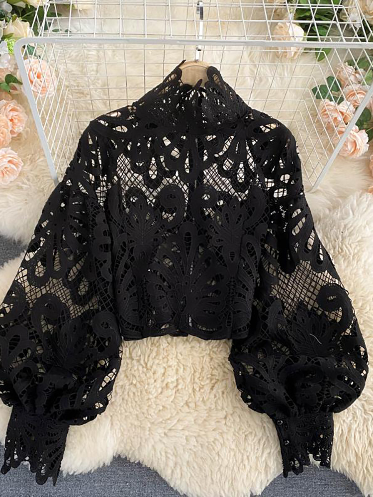 Women's Blouses Shirts Sexy Lace Hollow Out Short Blouse Casual Lantern Long Sleeve Stand Collar Shirts Female Elegant Red/Pink/White Loose Tops 
