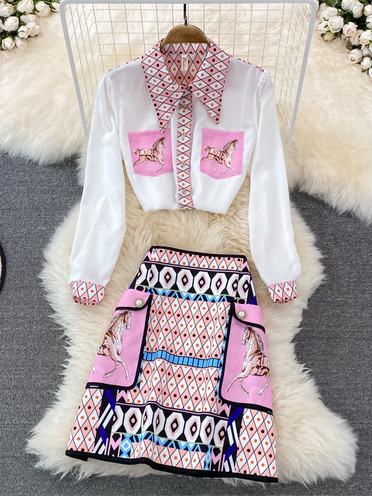Two Piece Dress Fashion Runway Summer Skirt Suit Womens Horse Geometry Print Blouse And A Line Pocket Buttons 2 Set 230209