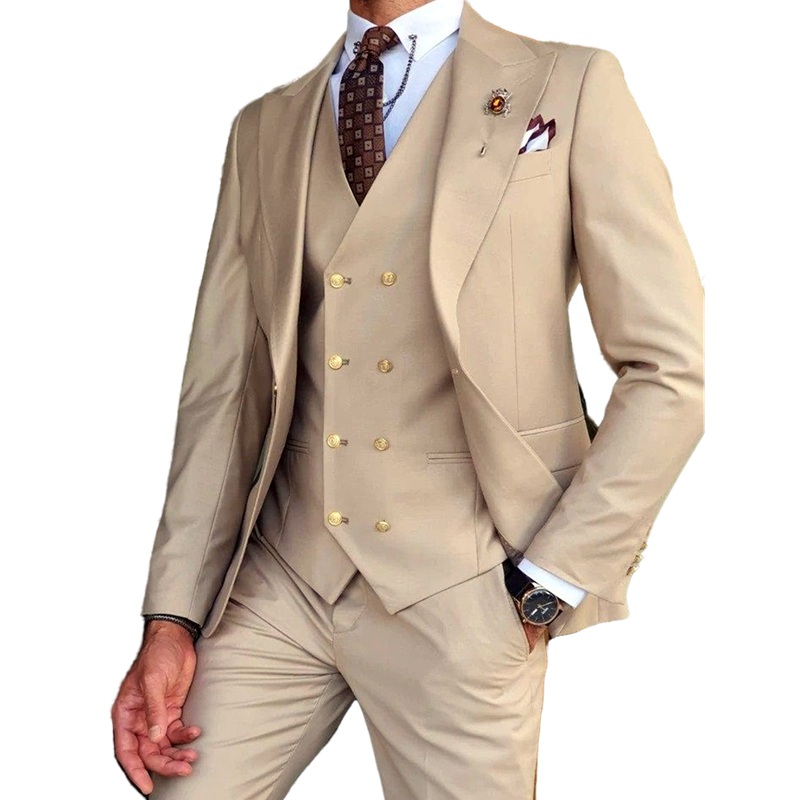 Beige Mens Suits Slim Fit Wedding Tuxedos 3 Pieces Man Groomsmen Prom Dinner Party Blazer Suit Peaked Lapel Gold Buttons Formal Groom Wear Jacket Vest