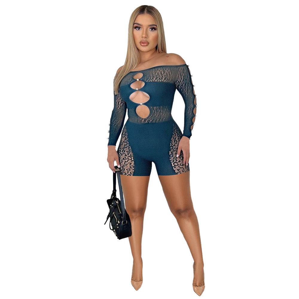 2023 Designer Hollow Out Rompers Spring Summer Clothes Women Long Sleeve Bodycon Jumpsuits One Piece Outfits Sexy Mesh Skinny Playsuits Club Wear Whol