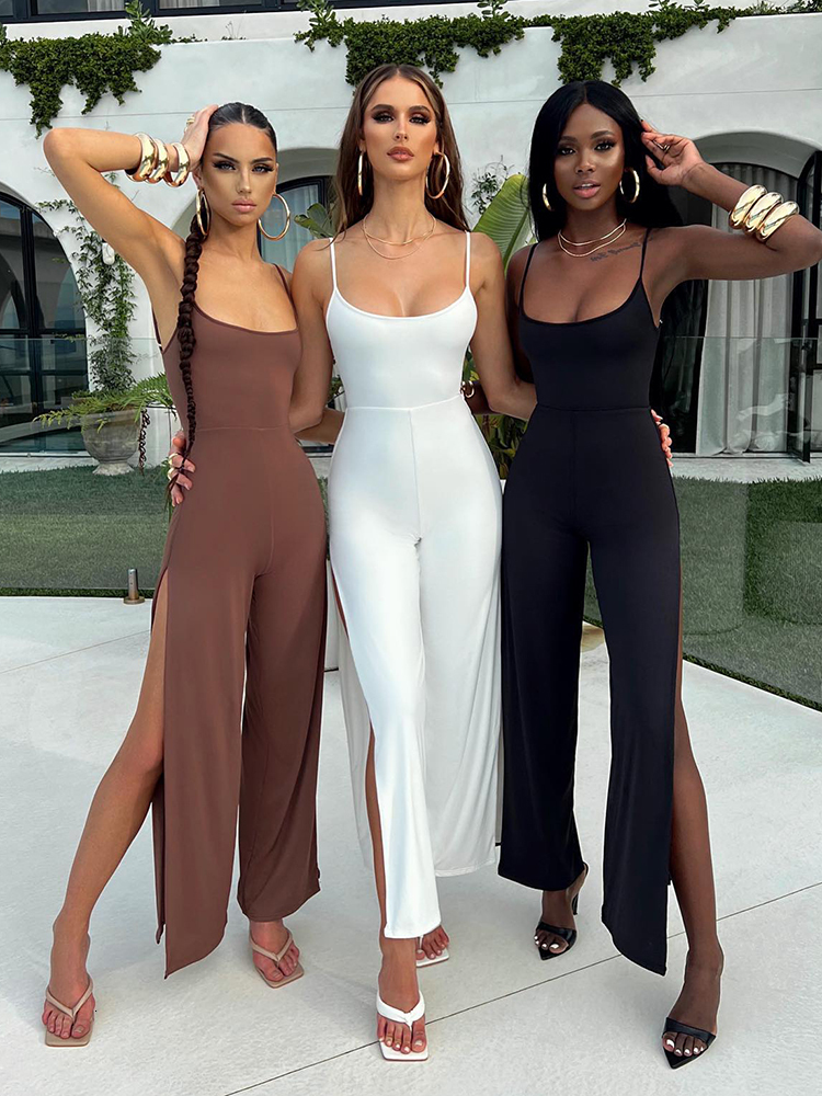 Women's Jumpsuits Rompers Articat Sexy Backless High Slit Bandage Women Jumpsuits White Spaghetti Strap Elegant Jumpsuit Female Summer Slim Party