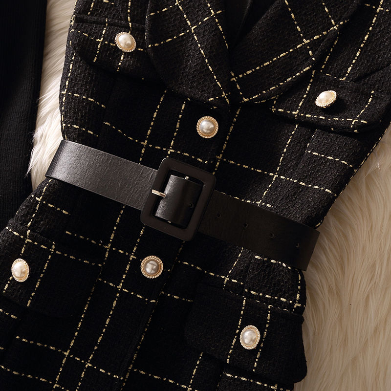 Women's Vests Vintage Mid-Length 75cm Plaid Tweed Vest Jacket Women 2 Piece Set Elegant Pearl Button Belted Unlined Waistcoat And Knit Sweater 23 - view 7