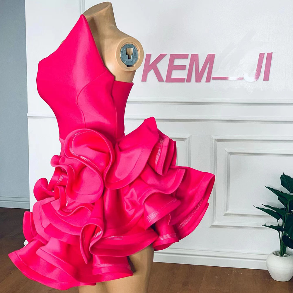 Hot Pink Short Prom Dresses Mermaid Spaghetti Straps Cocktail Club Party Gowns Ruffles Skirt 2023 Graduation Wear