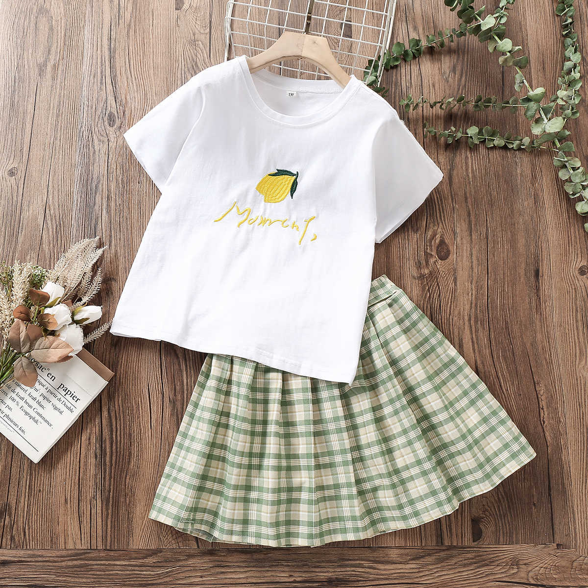 Clothing Sets Kids Preppy Suits for Girls Summer Sets Baby Short Sleeve TShirt Plaid Skirt School Costume Children Clothing 6 8 10 12 Years W230210