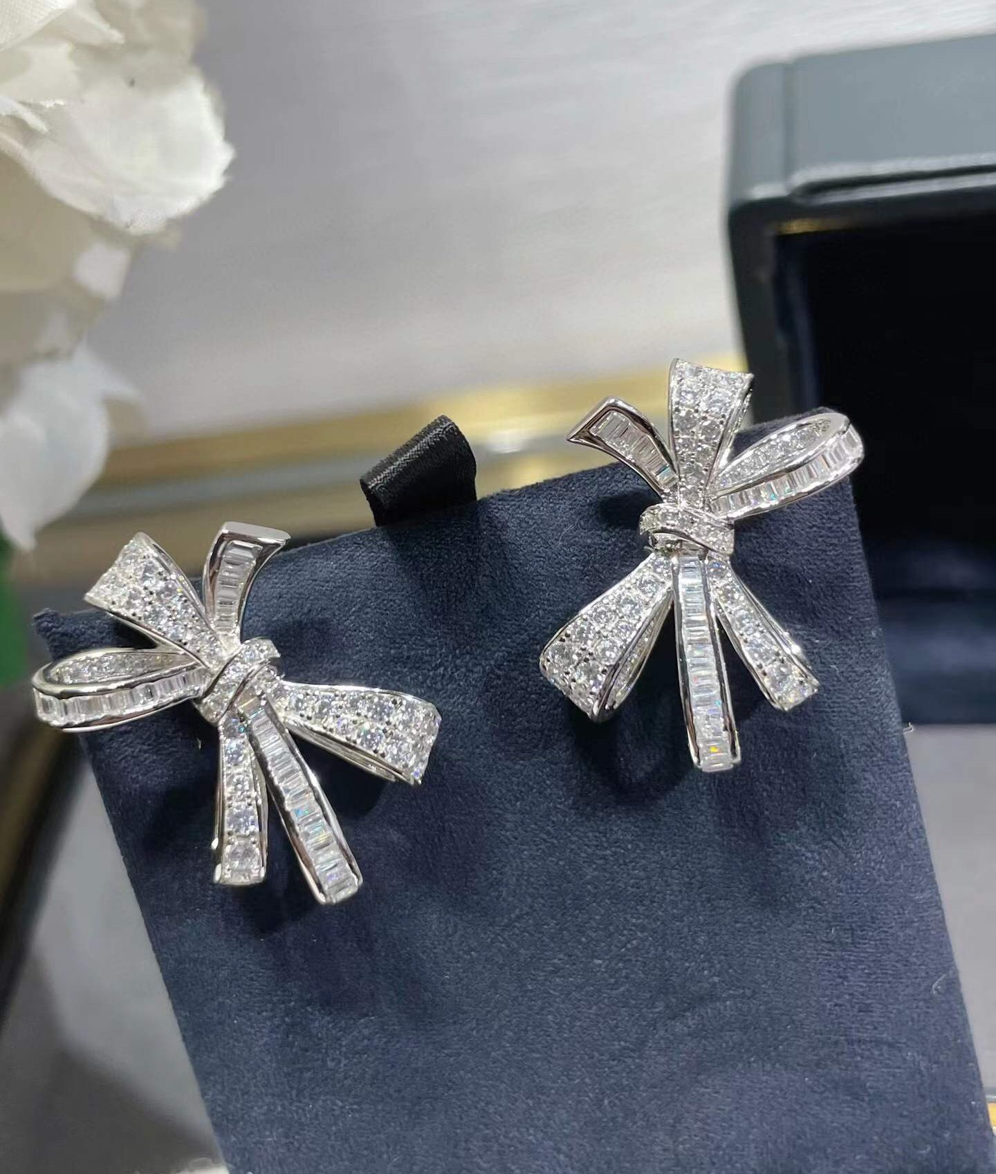 Trendy Crystal Tilda Bow Earrings For Women 925 Sterling Silver Ice Diamond Jewelry Wedding Cube Zircon Bow Knot Earring