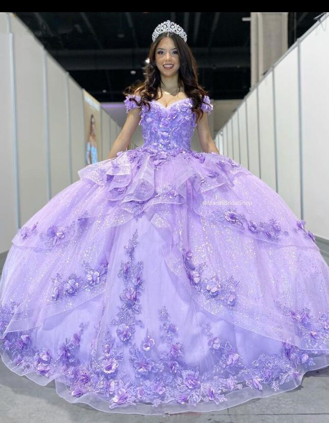 Princess Lilac lavender Quinceanera Dresses Crystal lace-up corset prom Birthday 3D Flowers Sweet 16 Dress Vestidos De 15 Anos