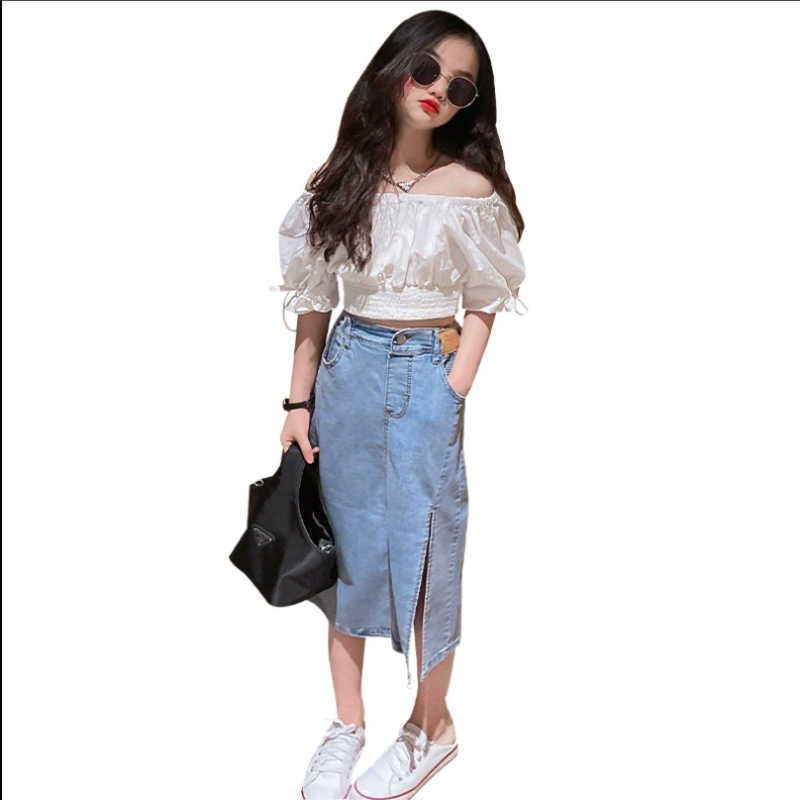 Clothing Sets Boutique Kids Clothes Suit 2023 Summer New Girls White Summer Tshirt Denim Skirt 2Pcs Set Teens Girls 6 8 10 12 Year Outfits W230210