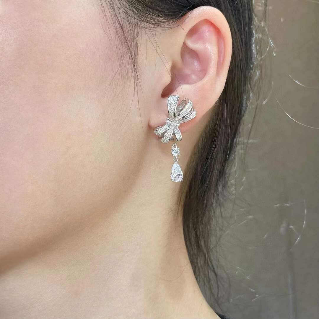Women's Crystal Tilda Bow Knot Dangle Earrings 925 Sterling Silver Zircon Bow Earring Wedding Jewelry Water Drop Tassel Design